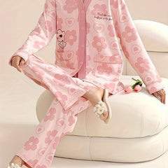 Floral Print Pajama Set Long Sleeve V Neck