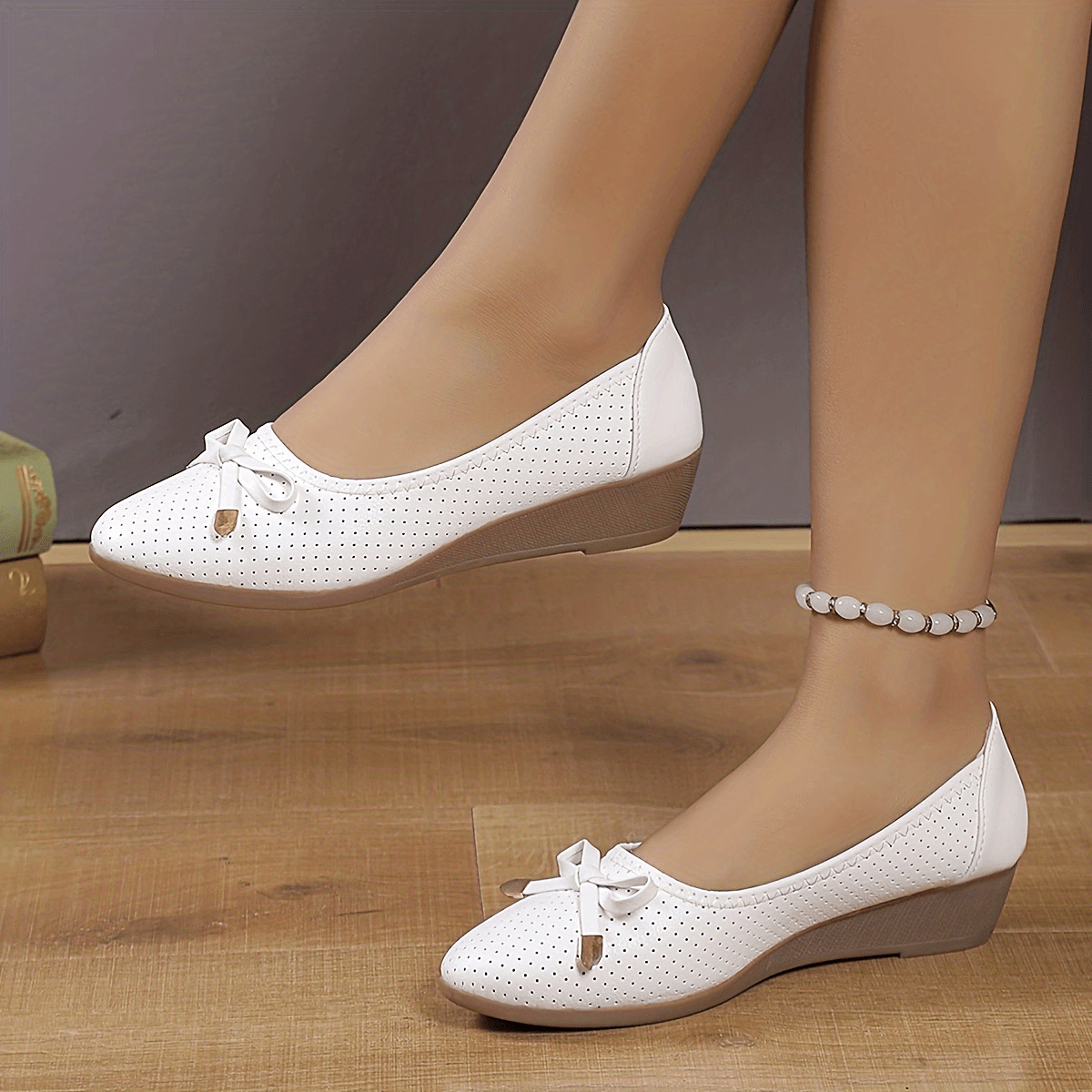 Women's Perforated Wedge Shoes Pointed Toe Slip On Flats
