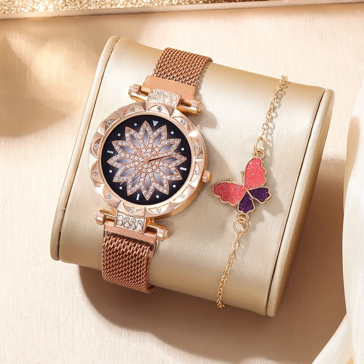 Digital Rhinestone Studded Watch & Butterfly Bracelet Set