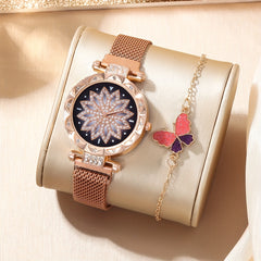 Digital Rhinestone Studded Watch & Butterfly Bracelet Set