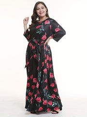 Floral Print Long Sleeve Plus Size Maxi Dress with Belt