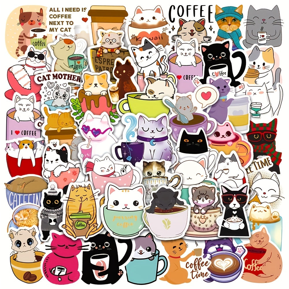 50pcs Cat Coffee Series Doodle Stickers Waterproof DIY Decorative Stick