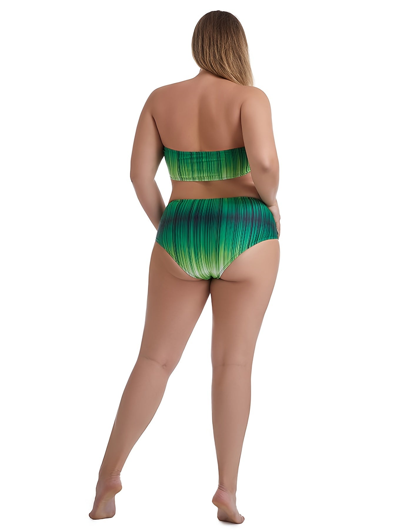 Colorblock Striped Print Tube Bikini Set Plus Size Medium Stretch Bathing Suit