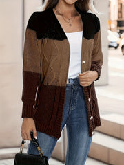 Block Knit Cardigan Button Front Casual Long Sleeve Sweater