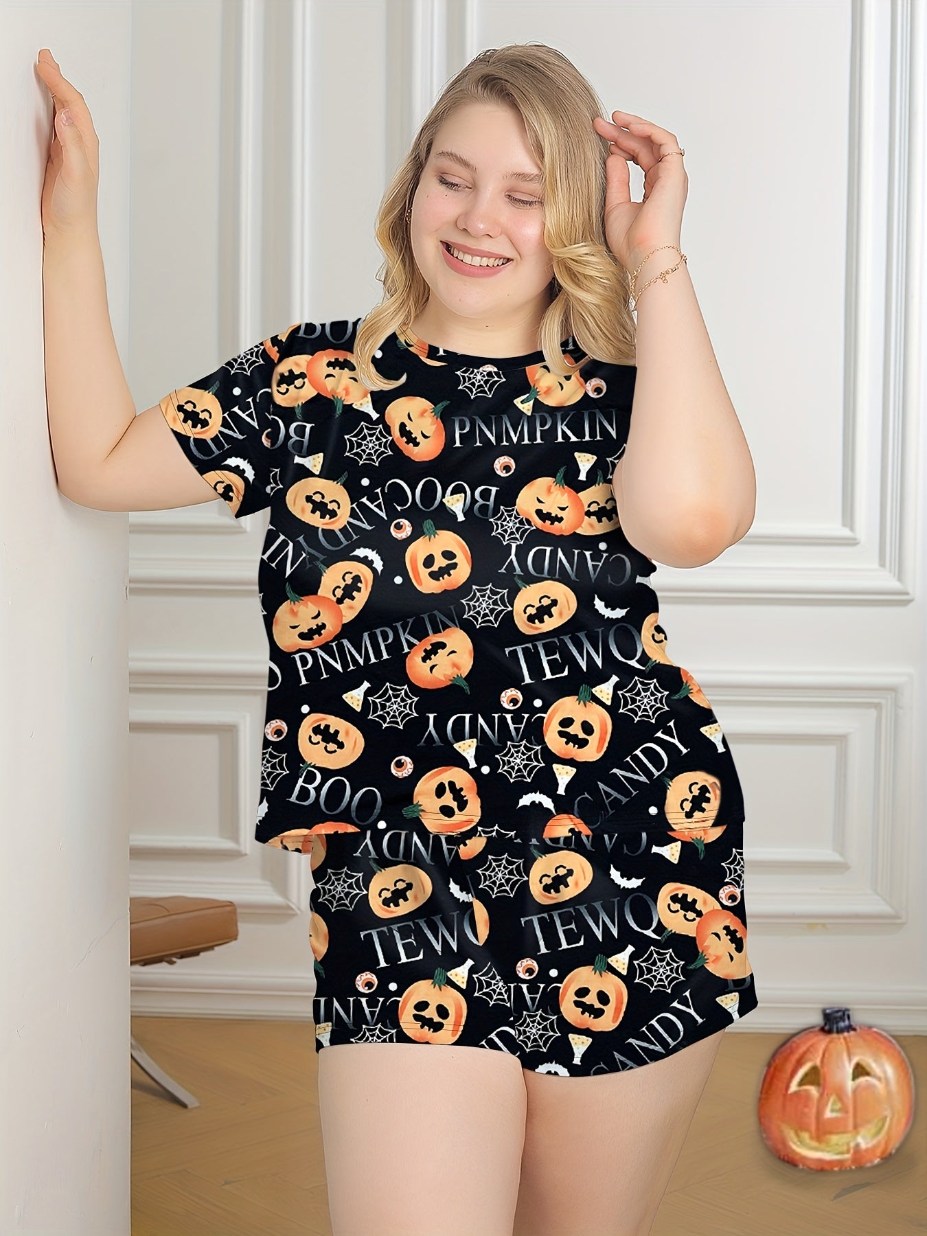Halloween Pajama Set Pumpkin & Spiderweb Print Tee