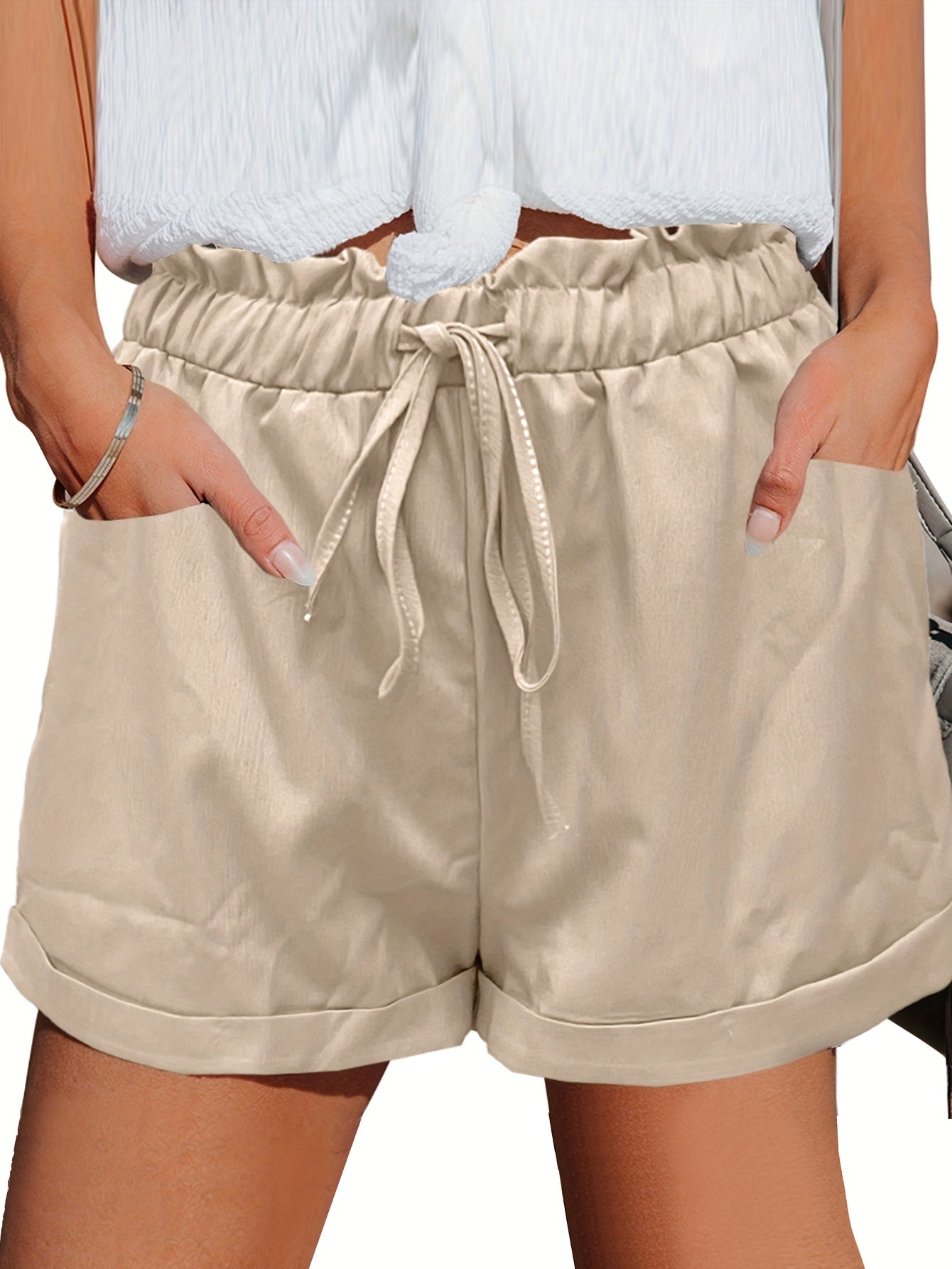 Solid Drawstring Shorts Women's Casual Elastic Waist
