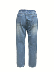 Casual Jeans Women's Plus Tie Elastic Waist Washed Denim Pants