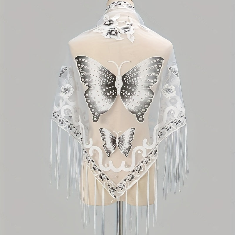 Lace Butterfly Print Shawl Long Fringed Triangle Towel for Women