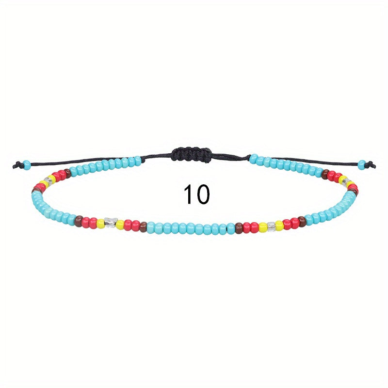10pcs Colorful Rice Beads Anklet Set Boho Style Bracelet for Women