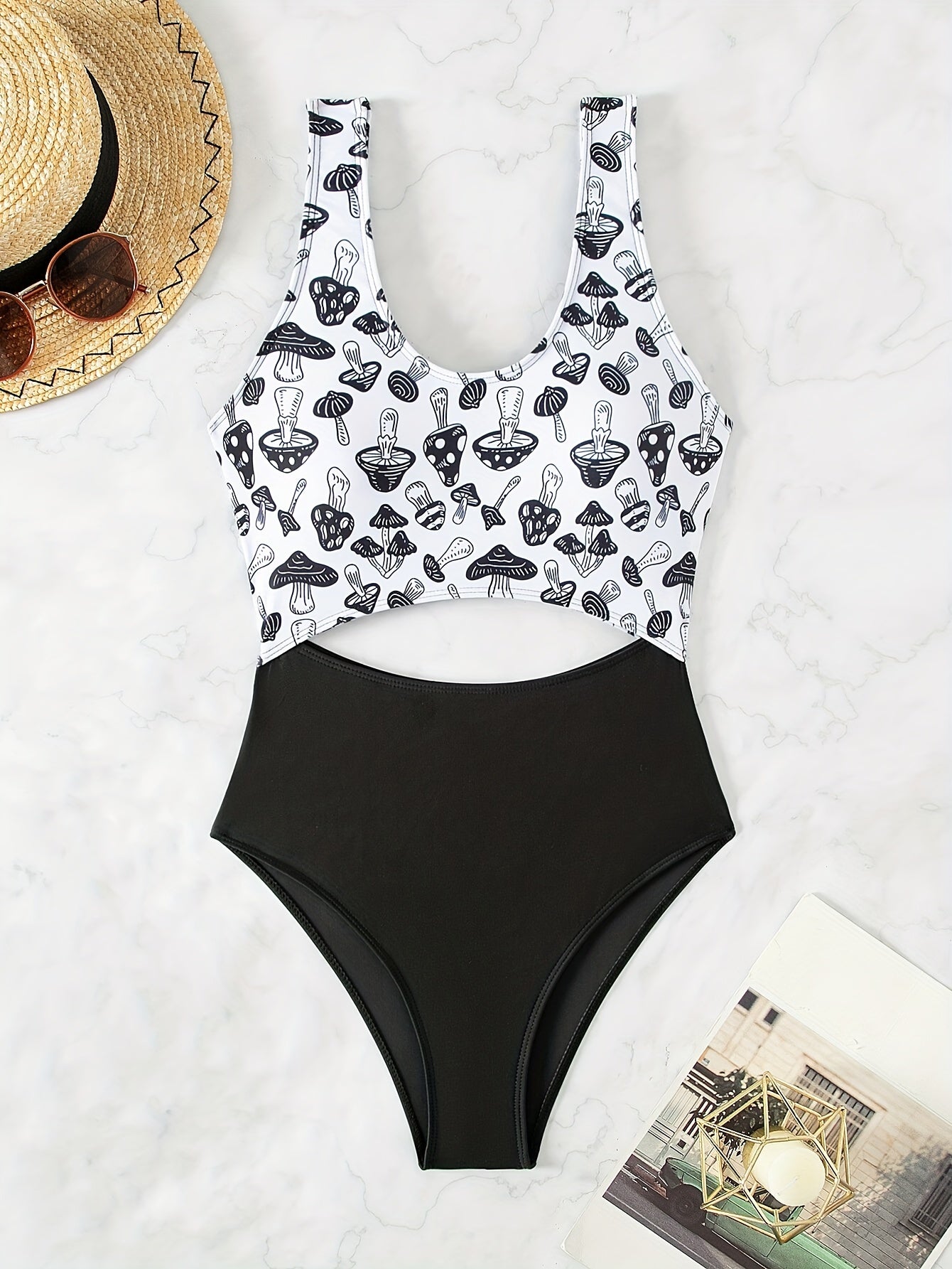 Mushroom Print Scoop Neck One Piece Swimsuit