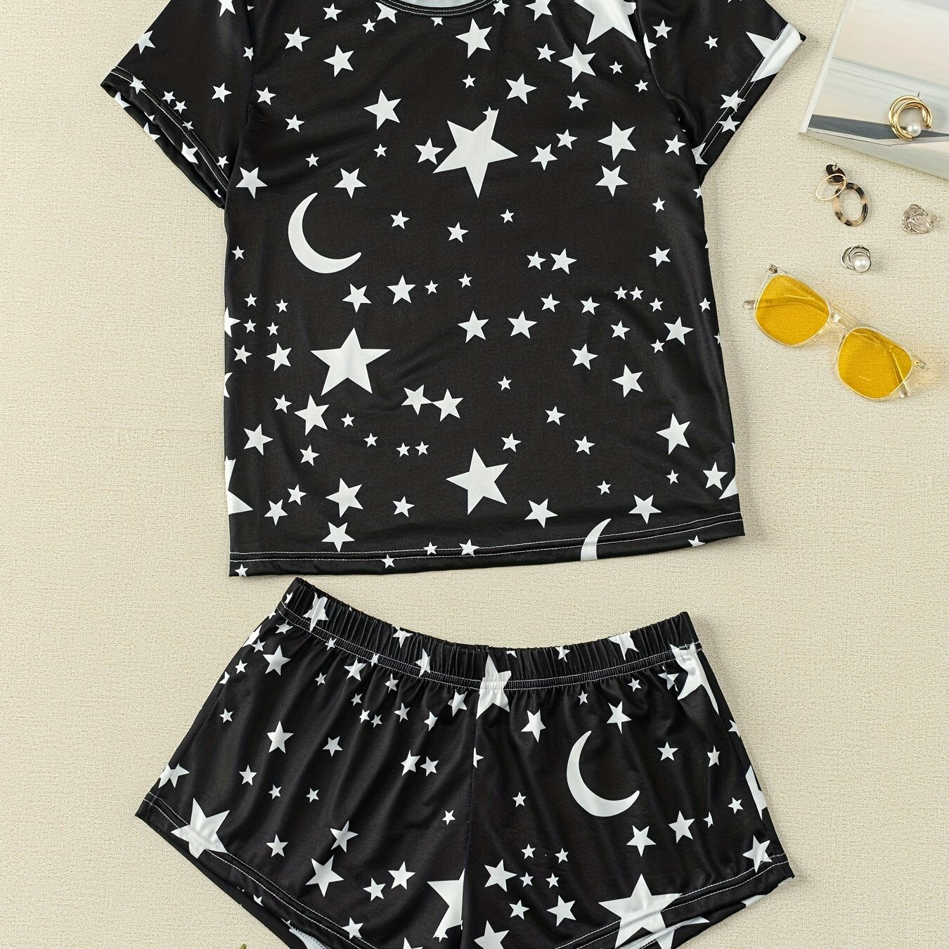 Star Print Pajama Set Short Sleeve Crew Neck Top & Elastic Waistband Shorts
