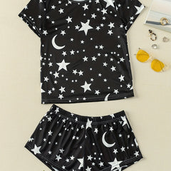 Star Print Pajama Set Short Sleeve Crew Neck Top & Elastic Waistband Shorts
