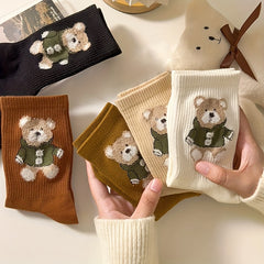 5 Pairs Cartoon Bear Print Socks Women's Mid Tube Stockings