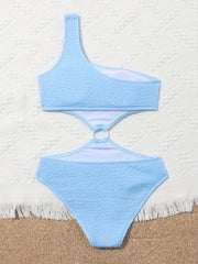 Girls One Piece Swimsuit with One Shoulder Round Ring