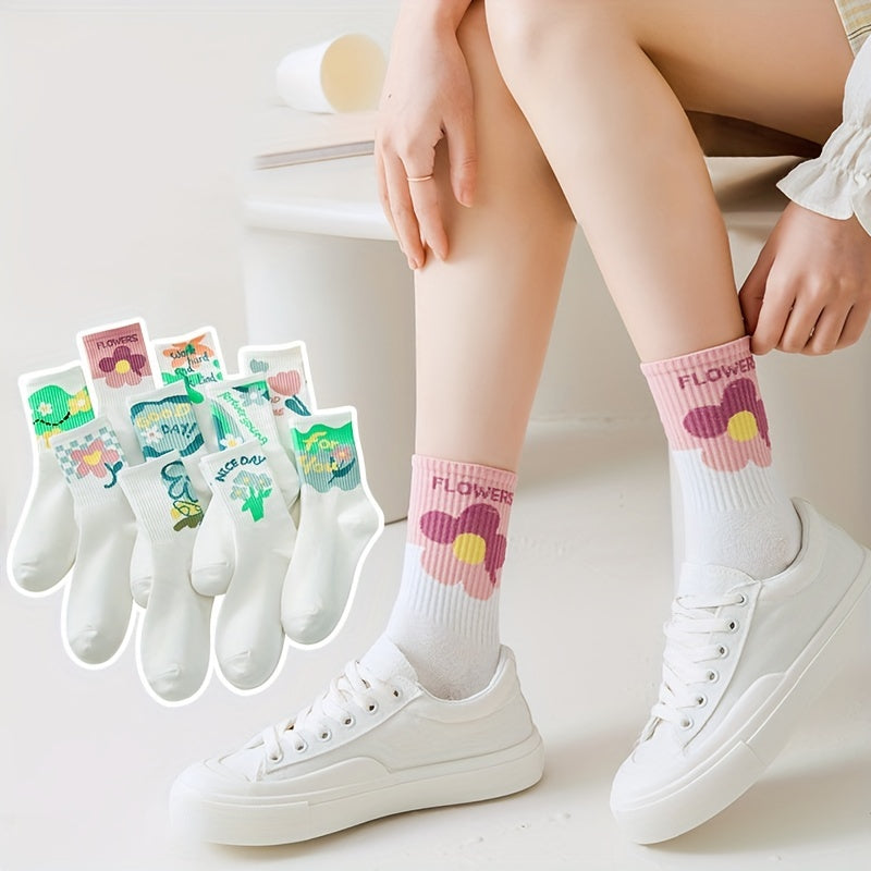 5 Pairs Floral Print Socks Breathable Mid Tube Stockings