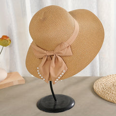 Faux Pearl Ribbon Bow Hat Wide Brim Straw Sun Hat