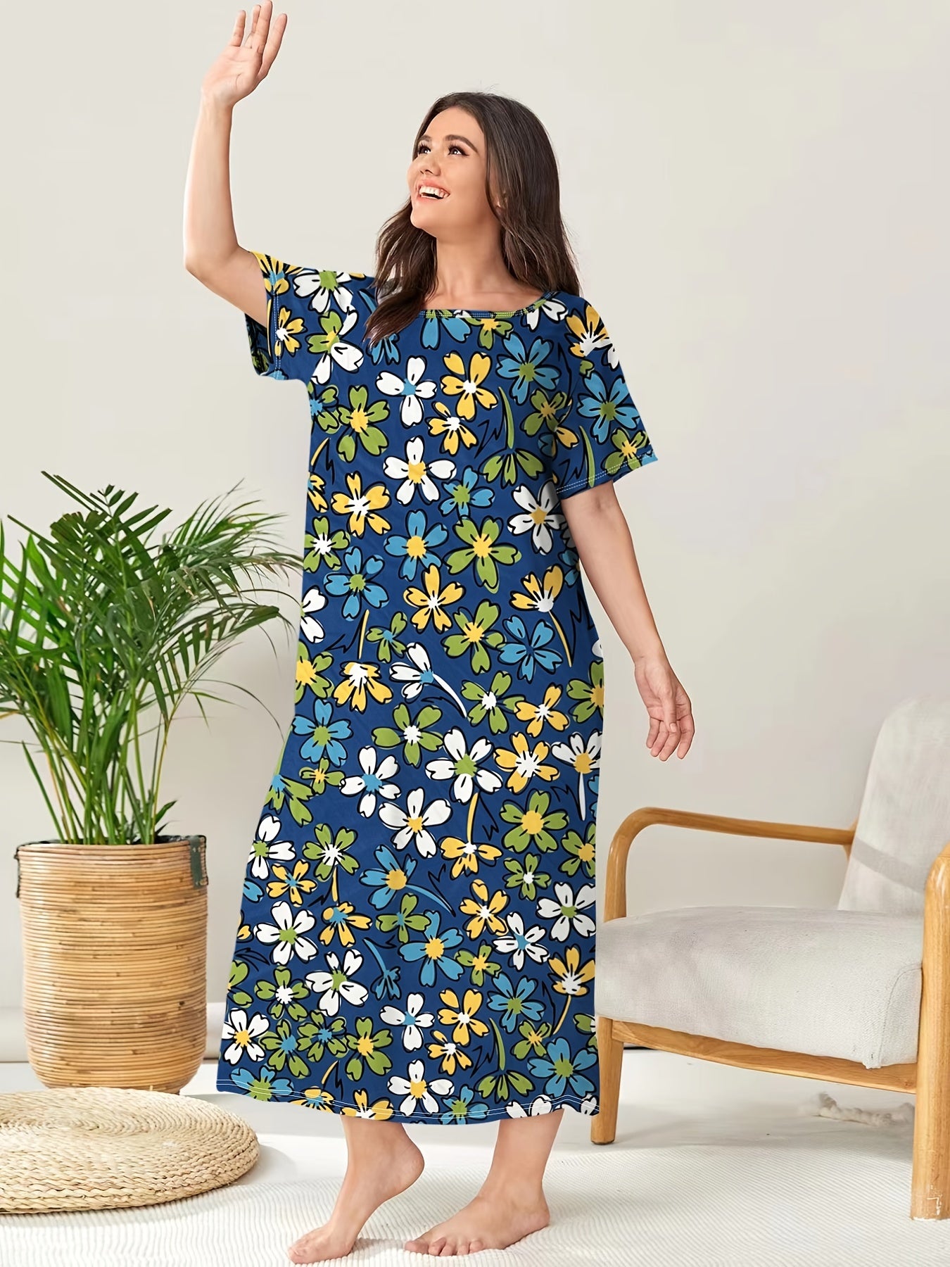 Colorful Floral Print Plus Size Lounge Dress
