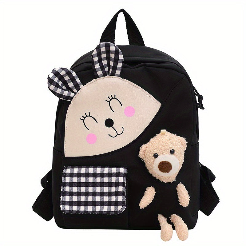 Kids Cartoon Rabbit Plaid Backpack With Teddy Bear Plush