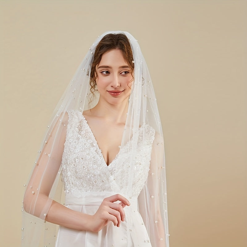Bridal Veil with Faux Pearls 2m Long Single Layer Mesh
