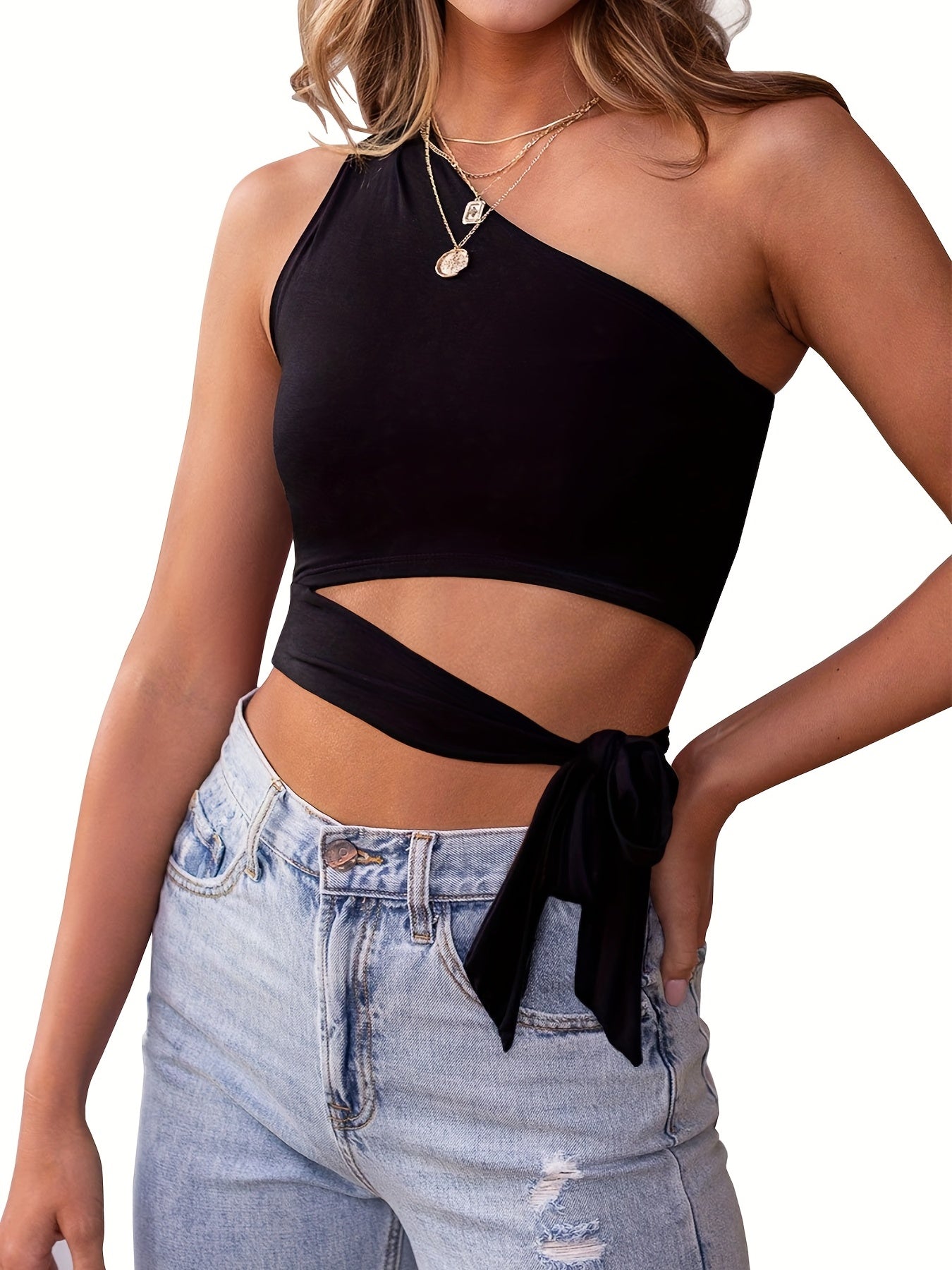 One Shoulder Side Tie Tank Top Sleeveless Crop Tank
