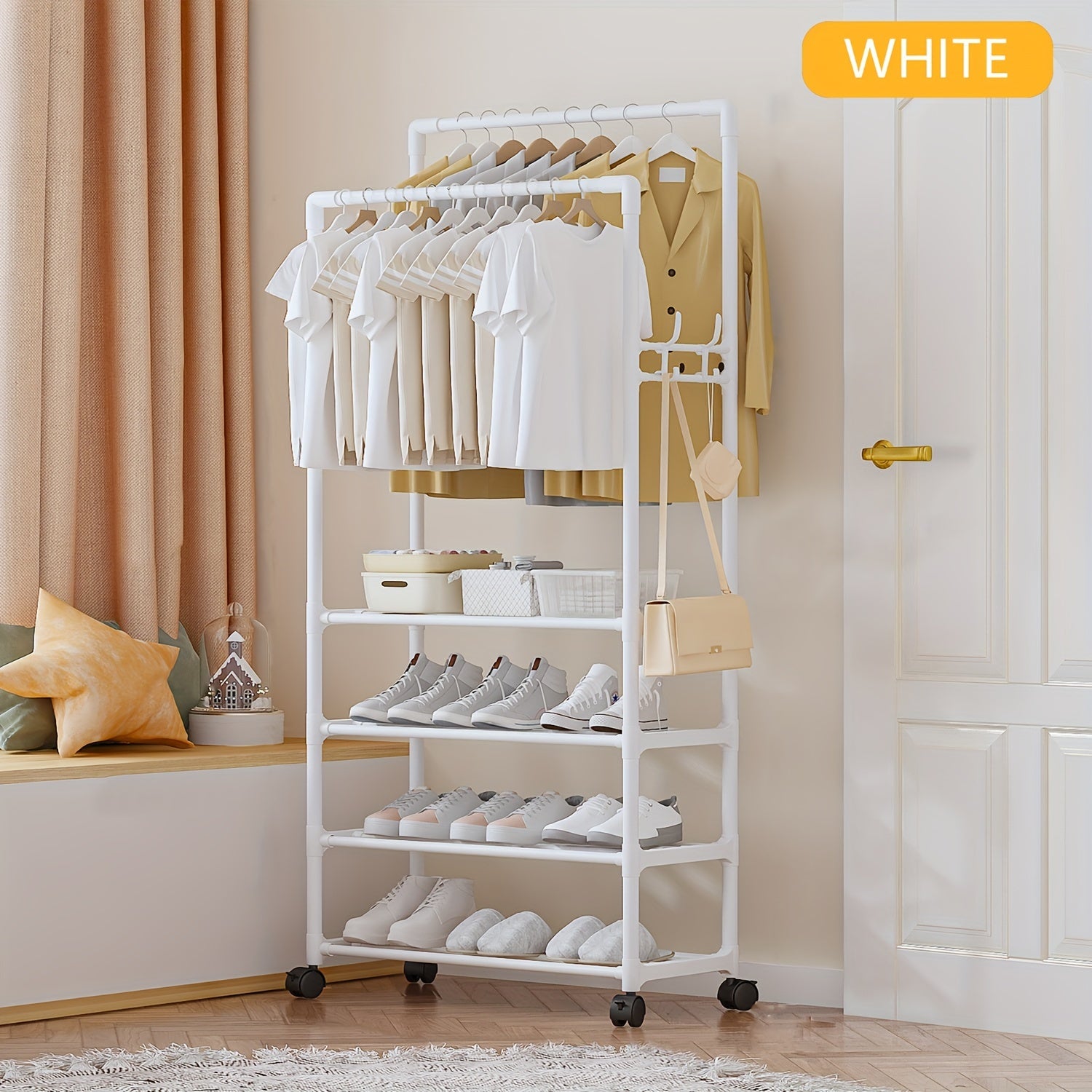 Double Pole Coat Rack with Pulley 4 Layer Clothes Hat Shoes Rack
