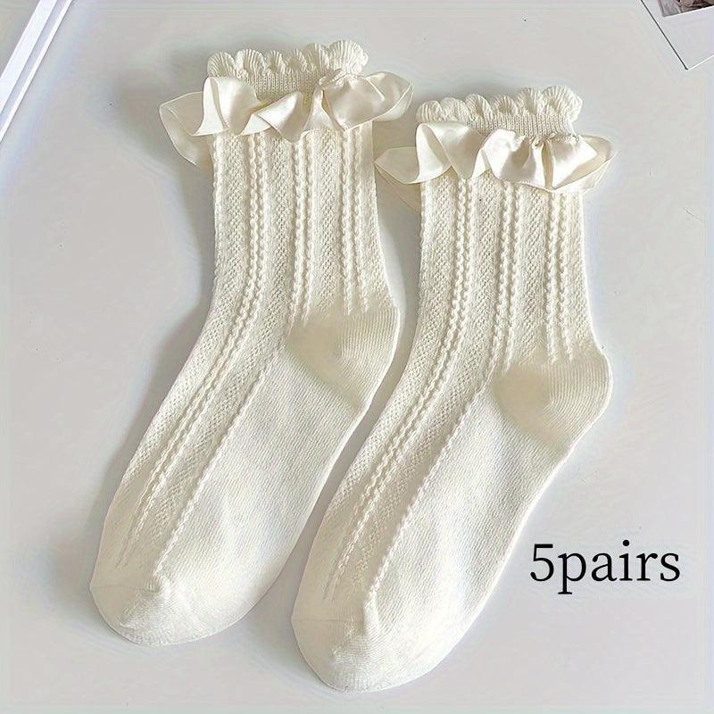5 Pairs Ruffle Solid Socks Comfy Women's Stockings