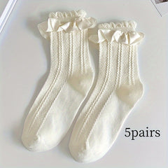 5 Pairs Ruffle Solid Socks Comfy Women's Stockings
