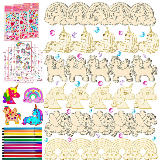 Wooden Unicorn Craft Set for Kids with 30 Wood Pieces 12 Watercolor Pens