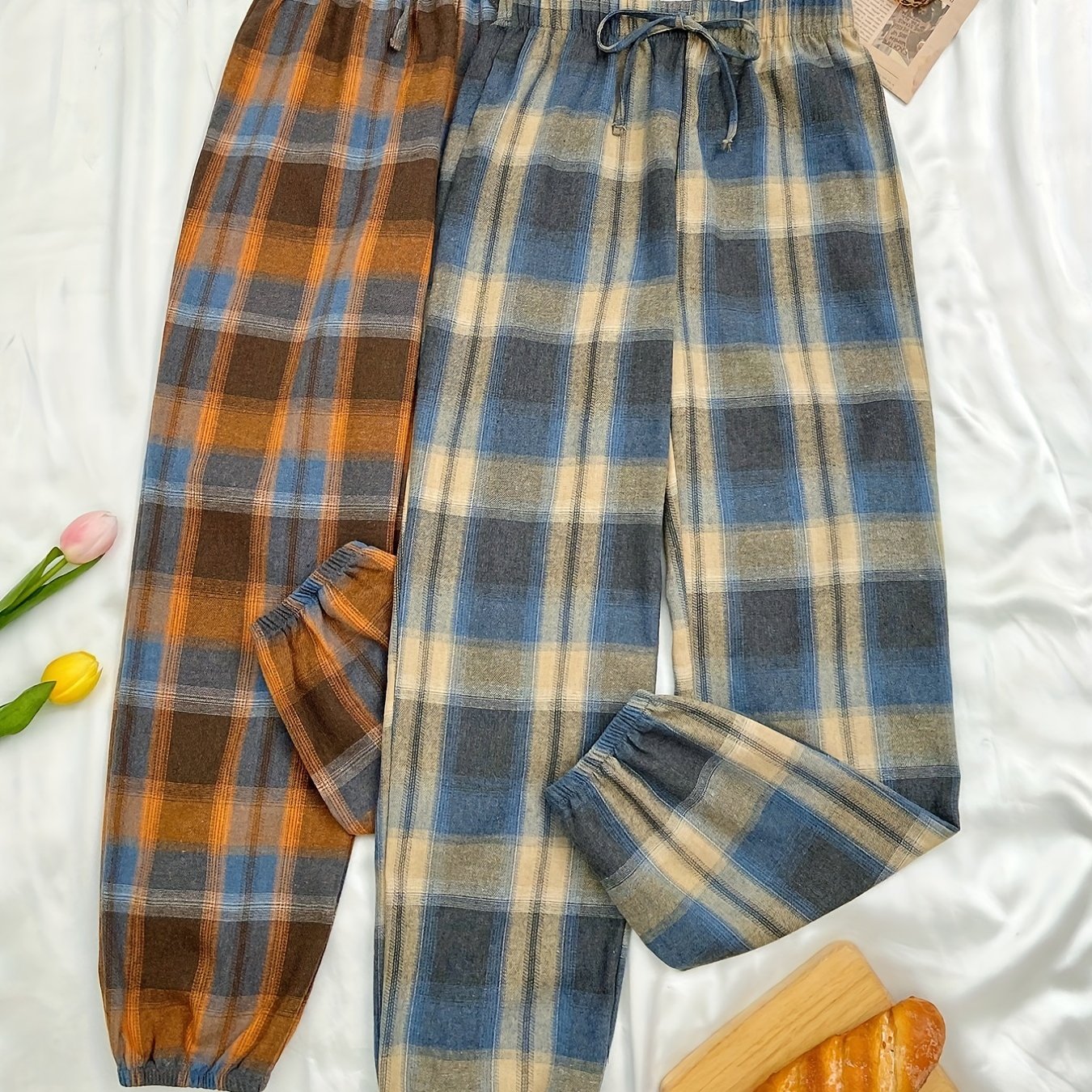 2pcs Plaid Sleep Bottoms Elastic Waistband Pants Women's Sleepwear