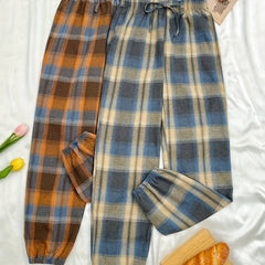 2pcs Plaid Sleep Bottoms Elastic Waistband Pants Women's Sleepwear