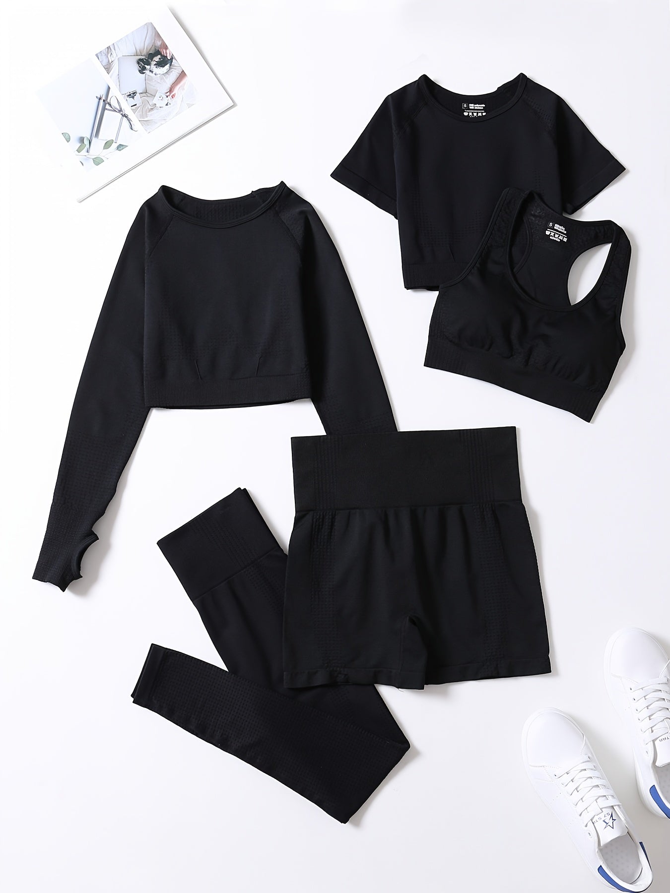 5-Piece Ribbed Seamless Crop Tank High Waist Yoga Leggings Set
