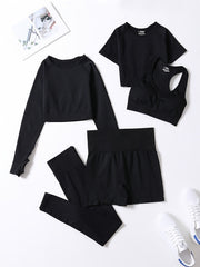 5-Piece Ribbed Seamless Crop Tank High Waist Yoga Leggings Set