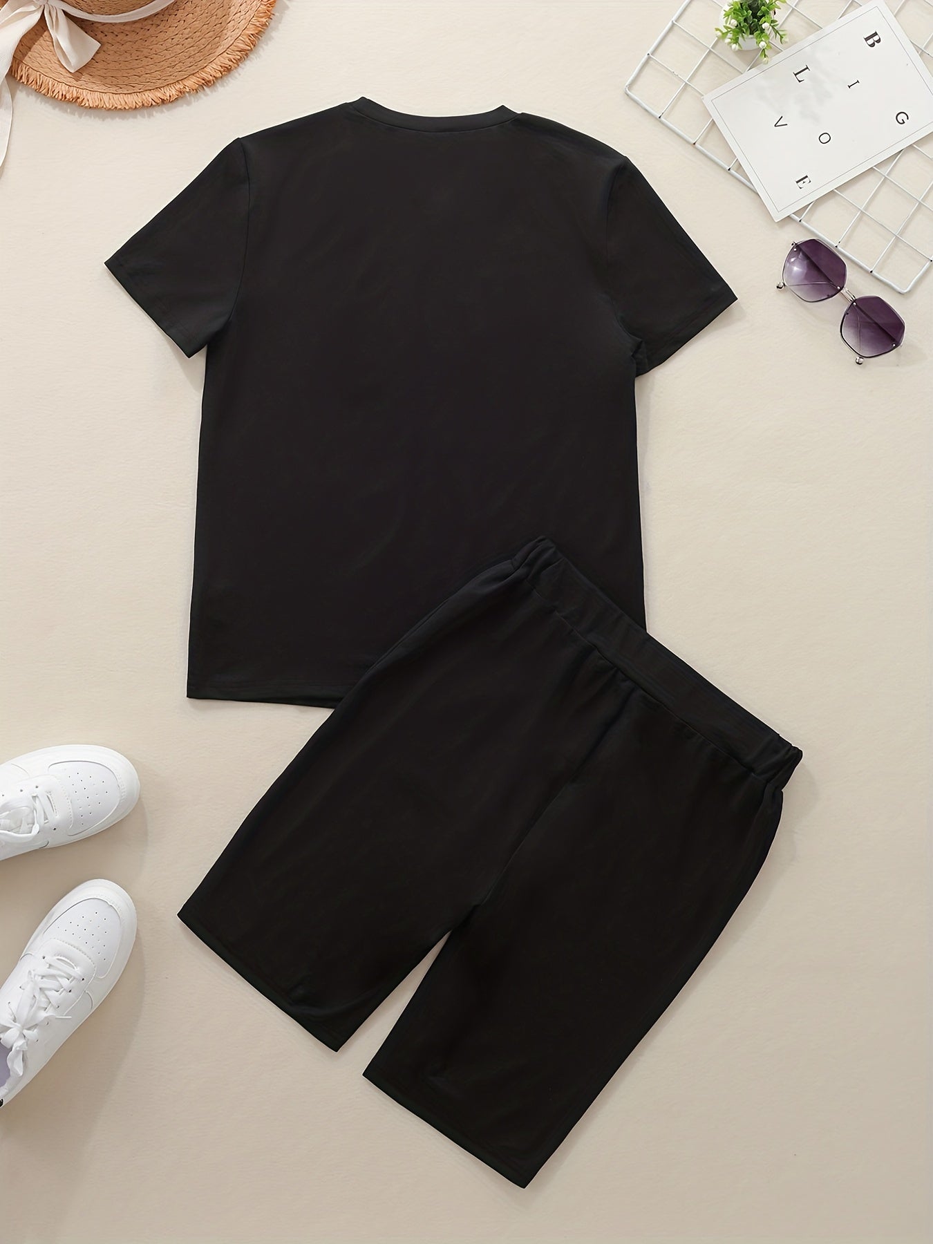 Nope Letter Print Crew Neck Tee & Slim Shorts Set Women's Clothing