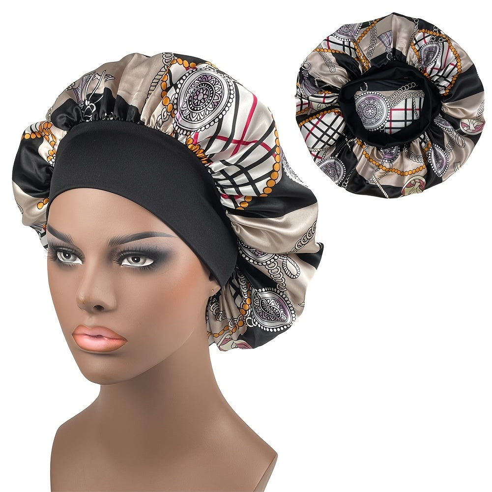 Printed Wide Ribbon Hair Cap Satin Bonnet for Women