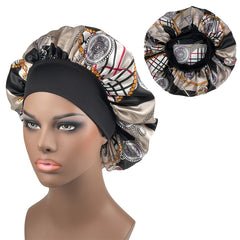 Printed Wide Ribbon Hair Cap Satin Bonnet for Women