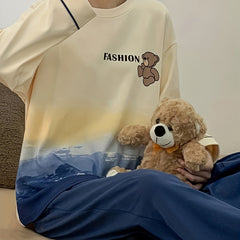 Cartoon Bear Pajama Set Long Sleeve Crew Neck Top & Pants