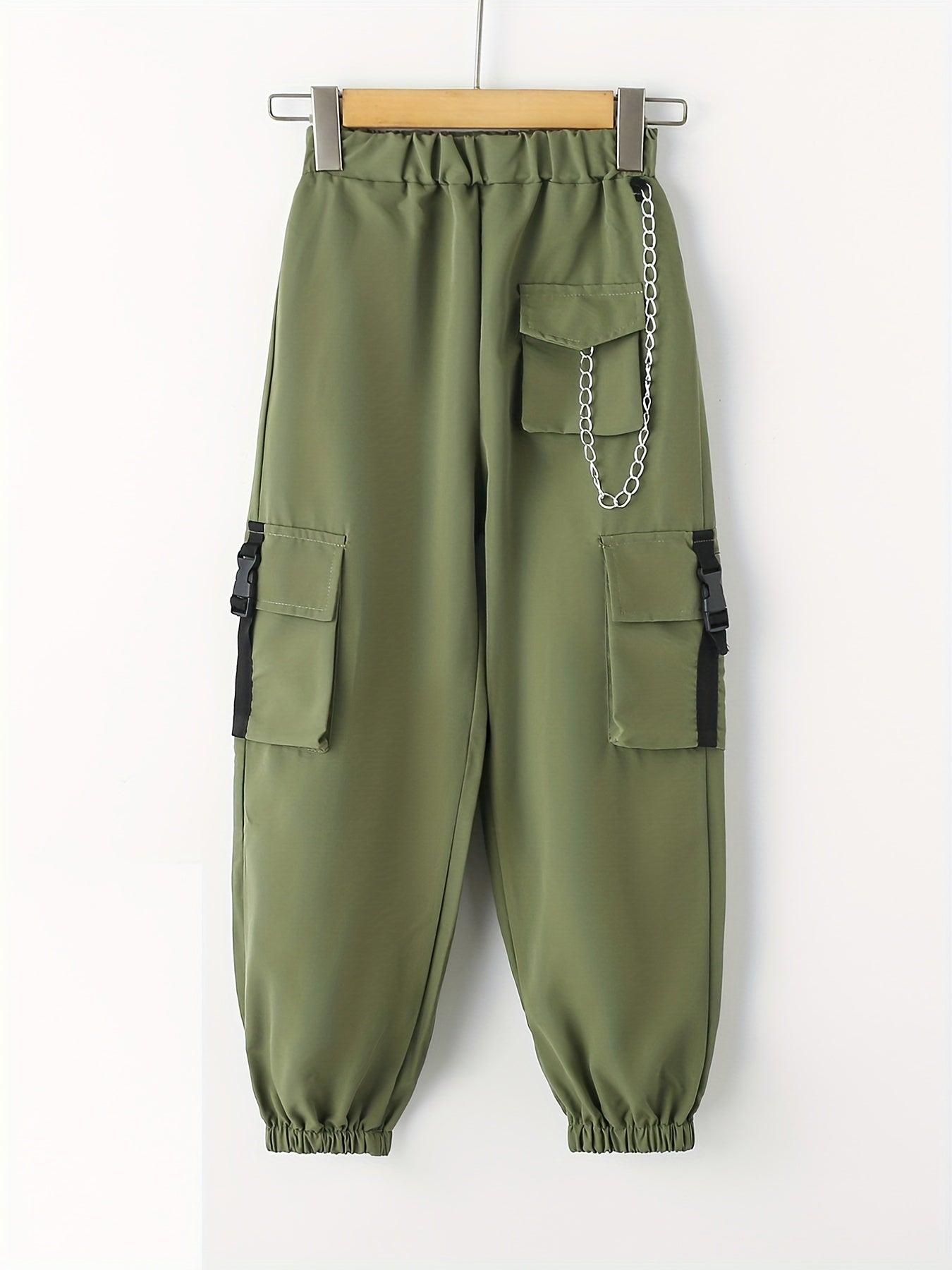 Girls Cargo Pants with Buckle Tape Chain Detail