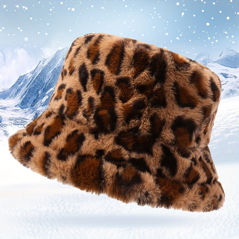 Leopard Print Plush Bucket Hat for Women