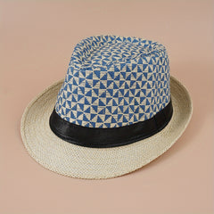 Geometric Plaid Crochet Fedora Cap Lightweight Casual Straw Sun Hat