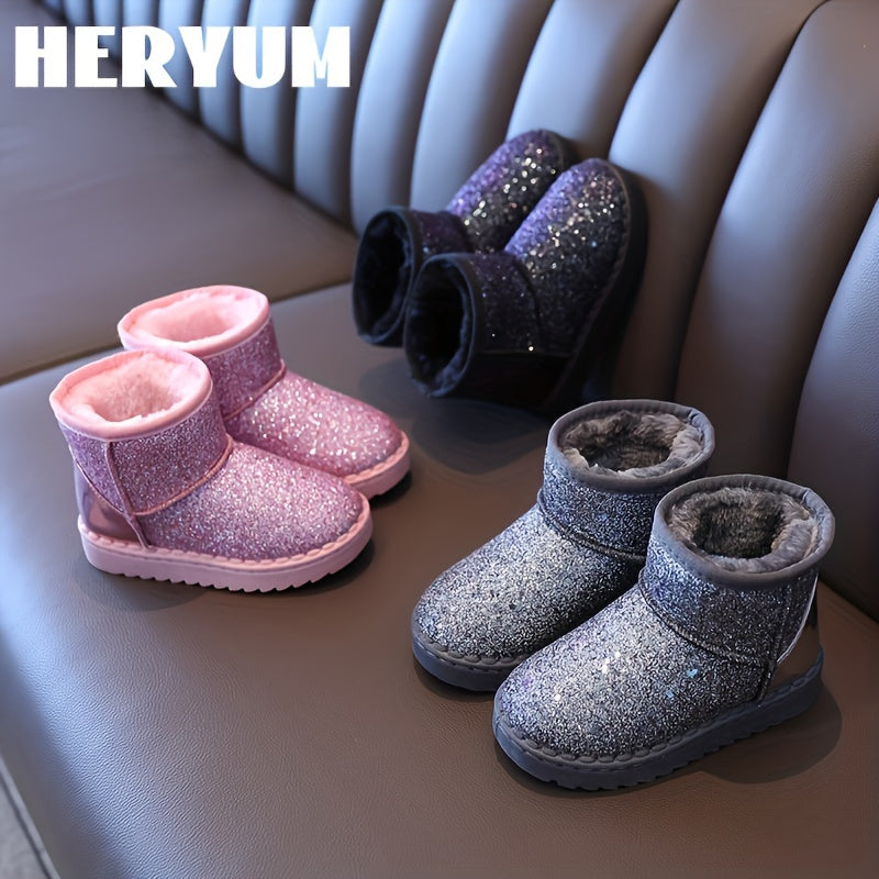 HERYUM Sequin Snow Boots For Girls Soft Warm Plus Fleece Boots Outdoor