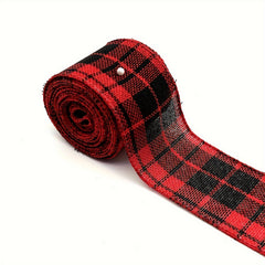 1pc 4.57m Christmas Metallic Wired Edge Ribbon Red Check Stripes Ribbon Big Bow