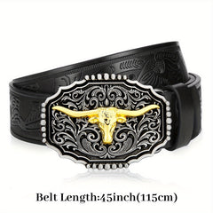 Men's Western Cowboy Leather Belt Long Horn Bull Buckle Embossed Floral