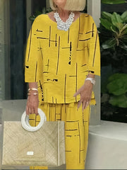 Abstract Print Two piece Set Crew Neck Tops & Wide Leg Pants