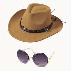 Western Cowboy Hat Glasses Set Belt Decor Fedora Cap & Gradient Sunglasses