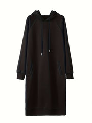 Solid Hooded Drawstring Long Sleeve Sweatshirt Dress With Pockets