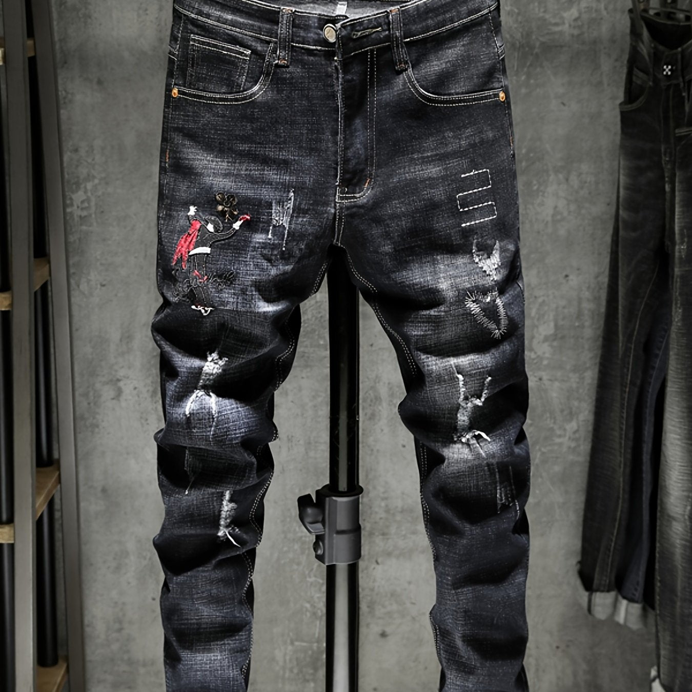 Men's Embroidered Print Denim Jeans Slim Straight Stretch Pants