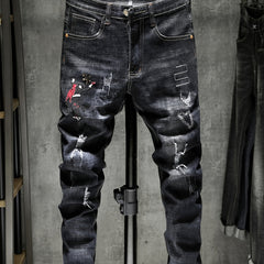 Men's Embroidered Print Denim Jeans Slim Straight Stretch Pants