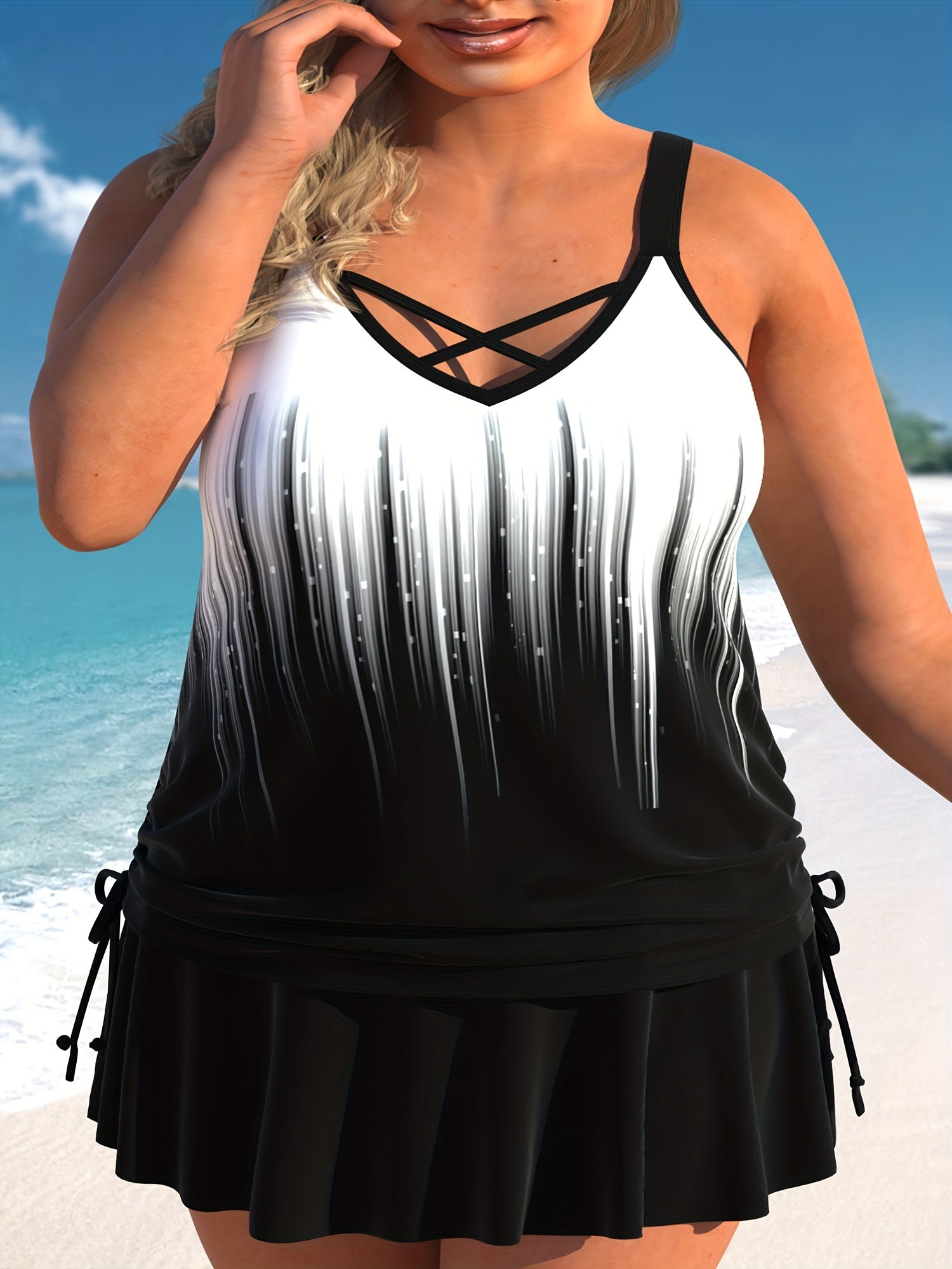Glitter Stripe Tank & Skirt Bikini Set