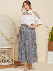 Contrast Mesh Ruffle Trim Blouse Plus 3/4 Sleeve