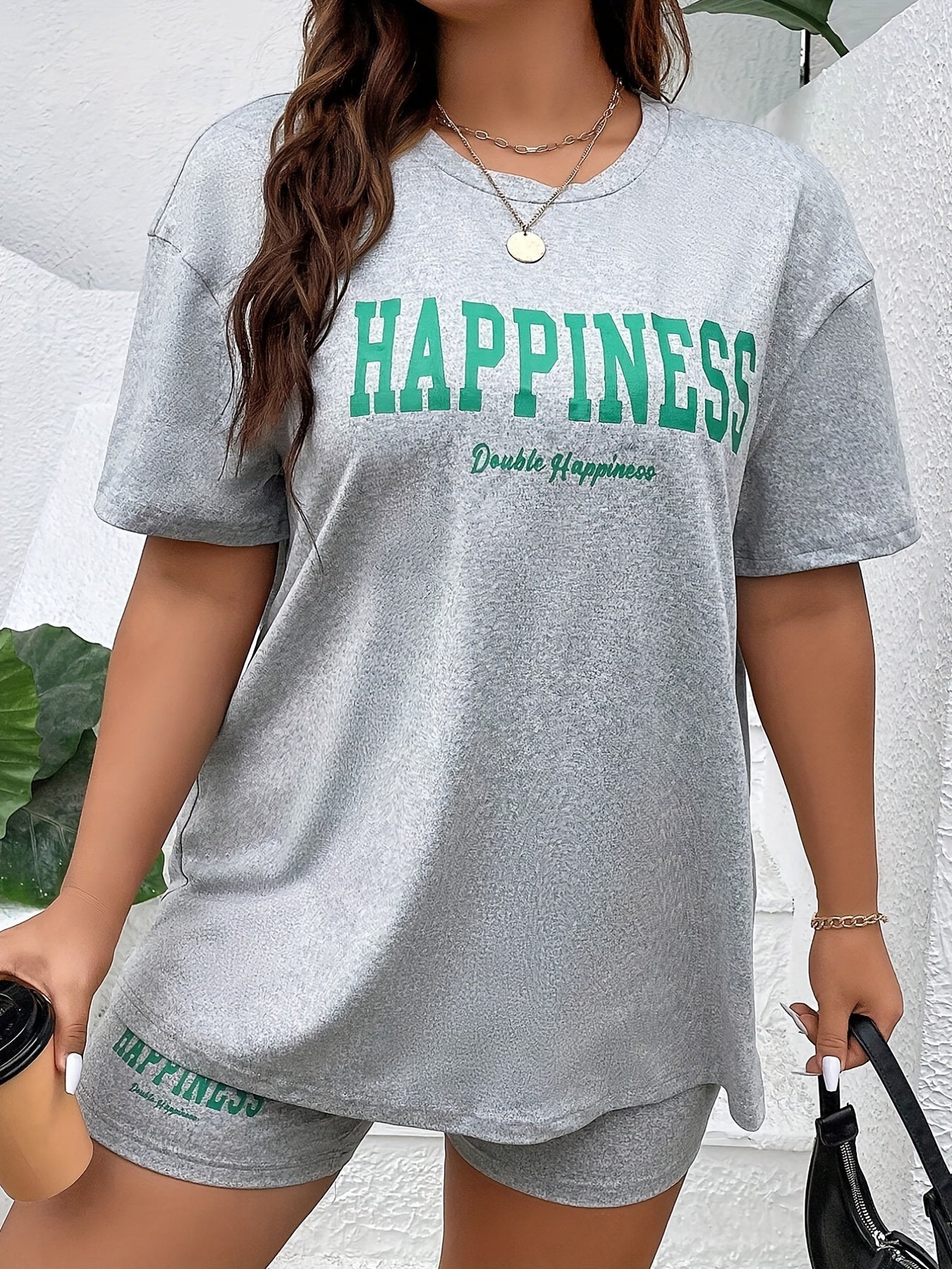 Casual Lounge Set Women's Plus Tee & Shorts Pajama Set